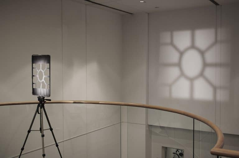 Jenny Brockmann: ‚Window‘, 2014. Light, lightning foil. Exhibition view, German Consulate General, New York. Photo: Jenny Brockmann © the artist