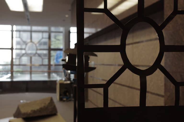 Jenny Brockmann: ‚Window‘, 2014. Light, lightning foil. Exhibition view, German Consulate General, New York. Photo: Jenny Brockmann © the artist