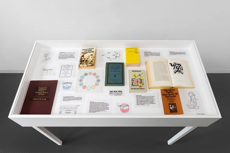 Jenny Brockmann: ‚Gertrud-Grunow-Vitrine‘, 2018. Glass, wood, steel, books, drawings, various materials. Photo: Bernd Hiepe © the artist