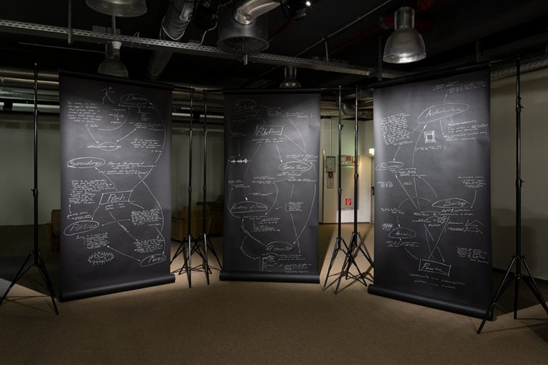 Jenny Brockmann: ‚Drawing 22-13-056-4’, 2022. White pencil on black paper, Exhibition view, ruruHaus, documenta fifteen, Kassel, Photo: Nicolas Wefers © the artist