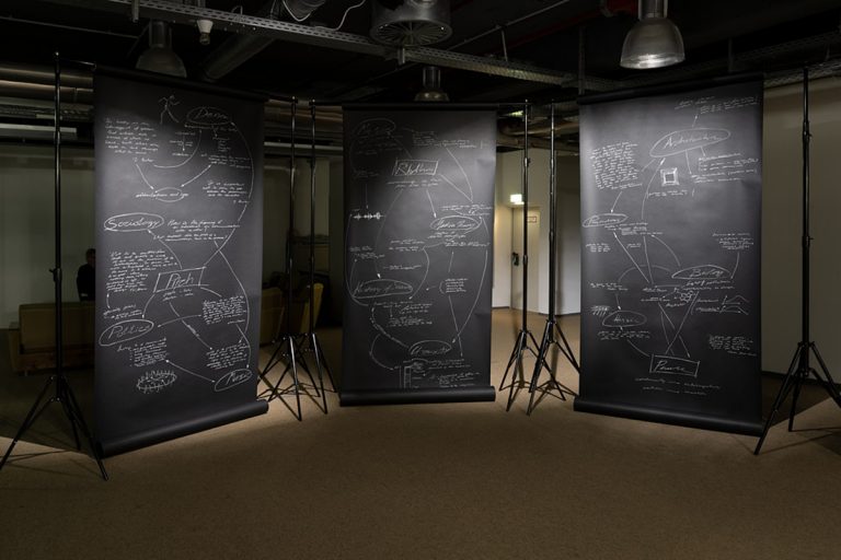 Jenny Brockmann: ‚Drawing 22-13-056-4’, 2022. White pencil on black paper, Exhibition view, ruruHaus, documenta fifteen, Kassel, Photo: Nicolas Wefers © the artist