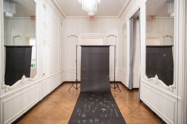 Jenny Brockmann: ‚Drawing 2019-04-05‘, 2019. White colored pencil on black paper. In ‚Dialogues on a Future Communication‘. Exhibition view at 1014, New York. Photo: Jenny Brockmann, © the artist